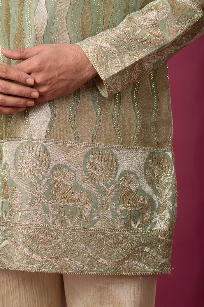 Champagne Gold Woven Heritage Kurta Set for Men – Full Length View | Mahavir NX
