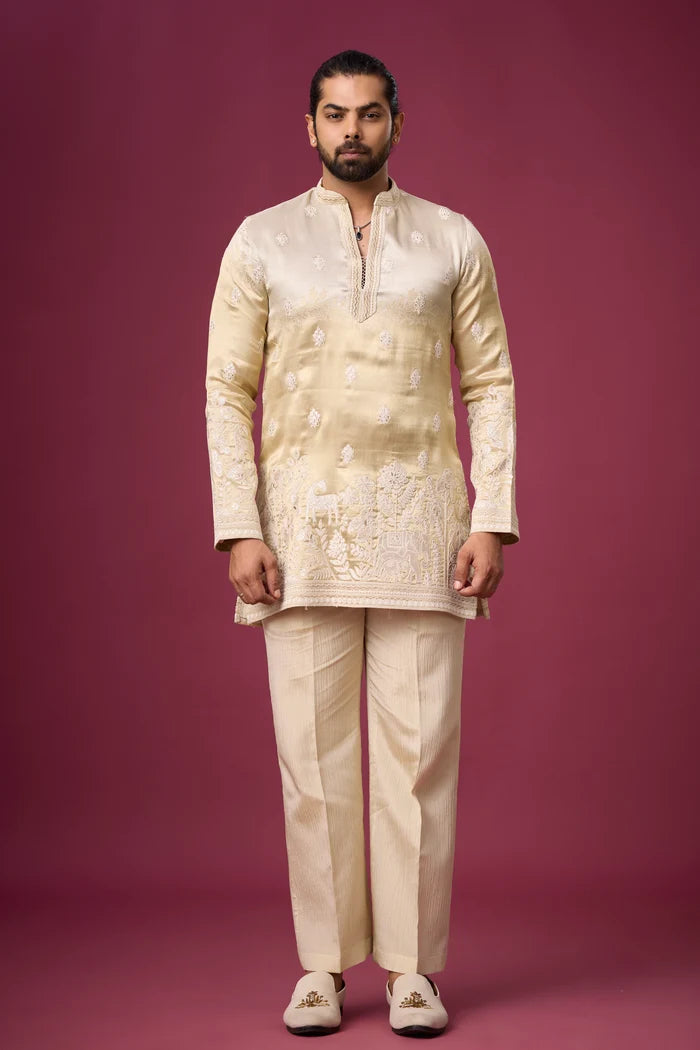 Champagne Ivory Heritage Floral Kurta Set for Men | Mahavir NX