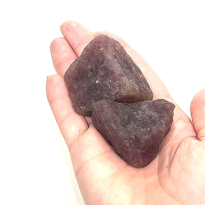 A collection of raw red tanzurine gemstones on a models hand against a white background, front overview.