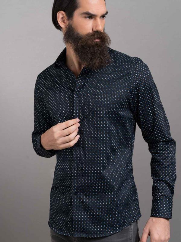Cocorico Black Printed Full Sleeve Single Cuff Slim Fit Party Wear Blended Shirt