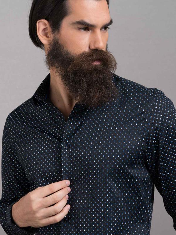 Cocorico Black Printed Full Sleeve Single Cuff Slim Fit Party Wear Blended Shirt