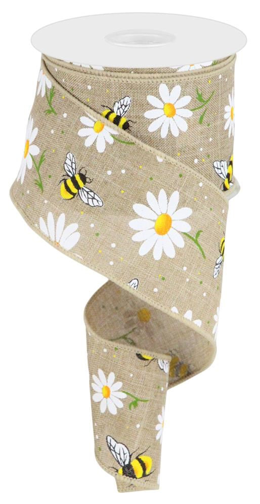 Craig Bachman 2.5" Bumble Bee Daisy Ribbon: Beige (10 Yards) Wired Edge Ribbon