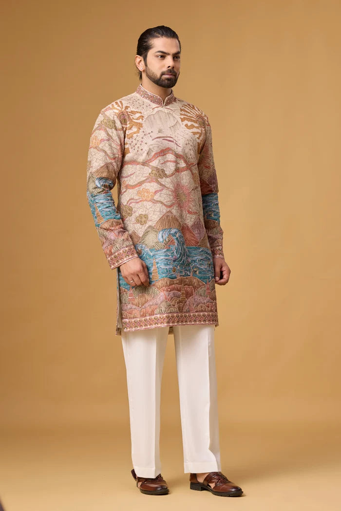 Regal Beige Patterned Kurta for Men – Wedding & Festival | Mahavir NX