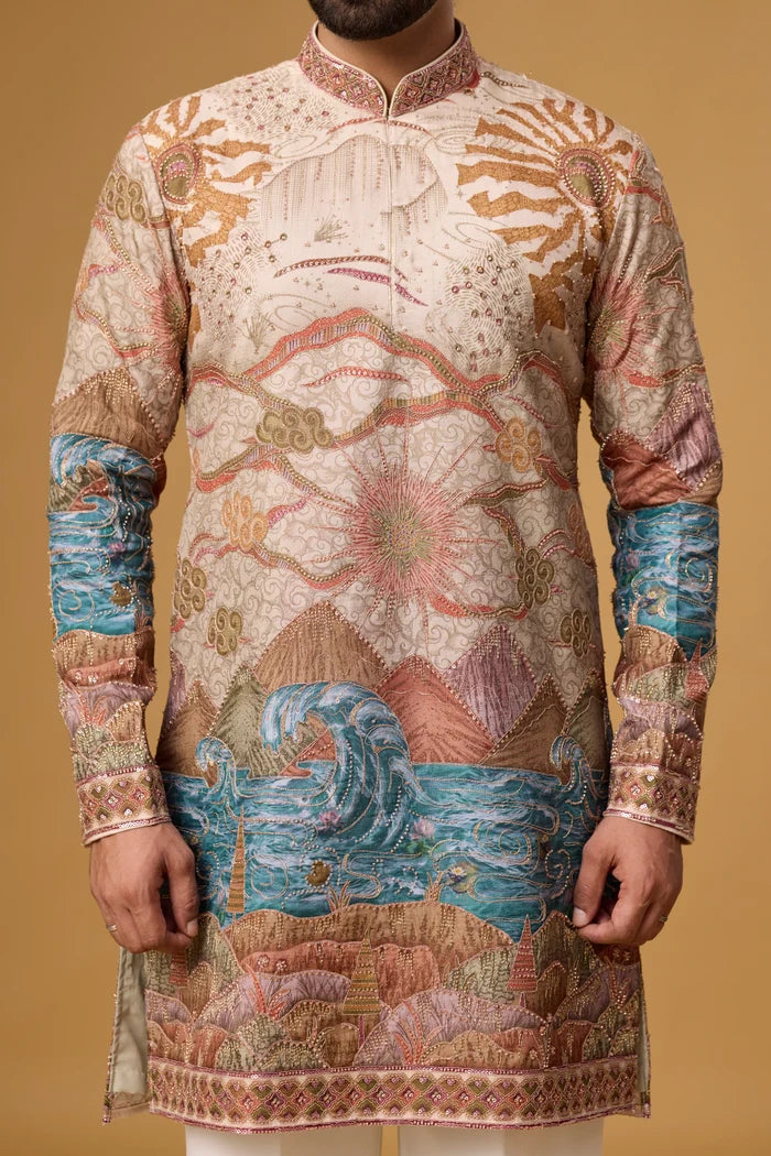 Cream Scenic Kurta Set for Men – Side View | Mahavir NX