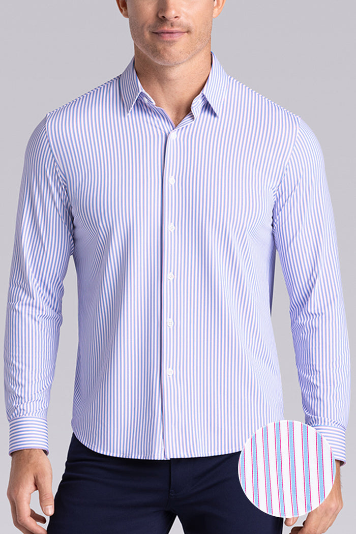 Model wearing the Crowd Pleaser White Blue long sleeve shirt, styled with black pants.