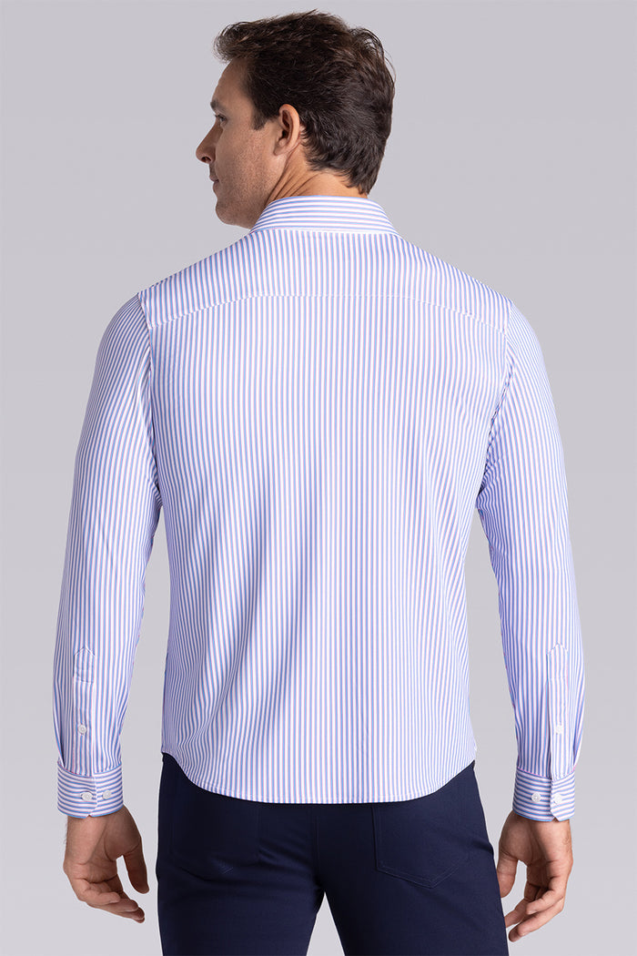 Model wearing the Crowd Pleaser White Blue long sleeve shirt, styled with black pants.