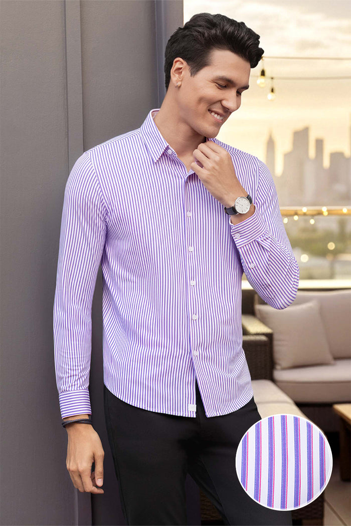 Model wearing the Crowd Pleaser White Purple long sleeve shirt, styled with black pants.