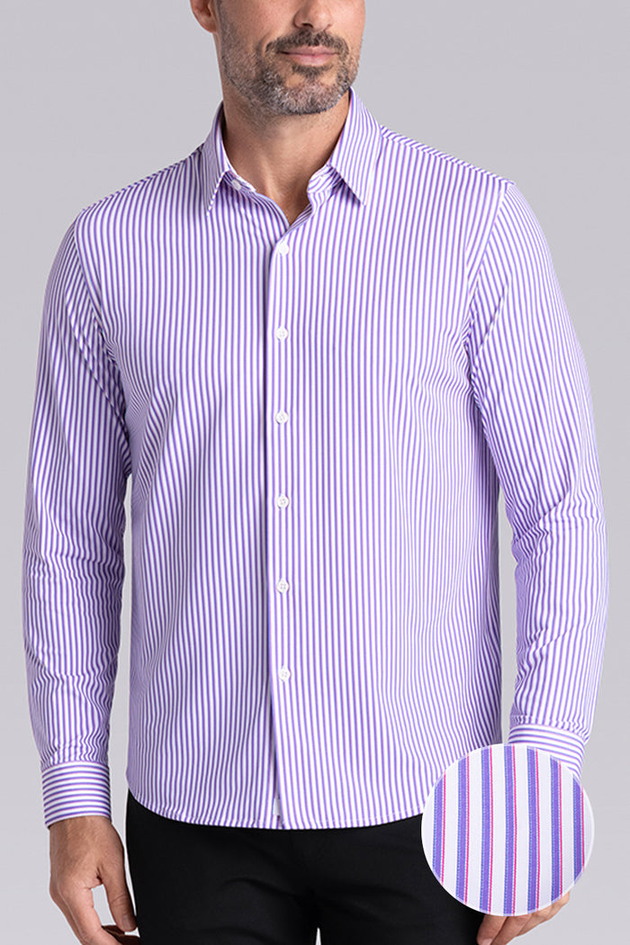 Model wearing the Crowd Pleaser White Purple long sleeve shirt, styled with black pants.