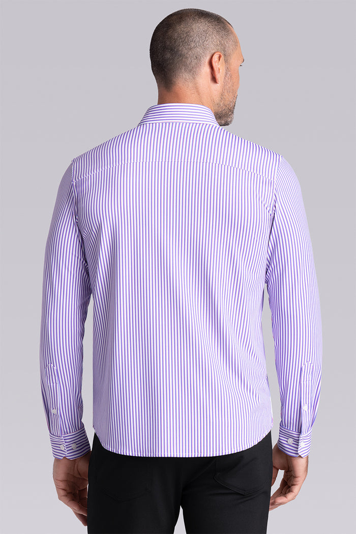 Model wearing the Crowd Pleaser White Purple long sleeve shirt, styled with black pants.