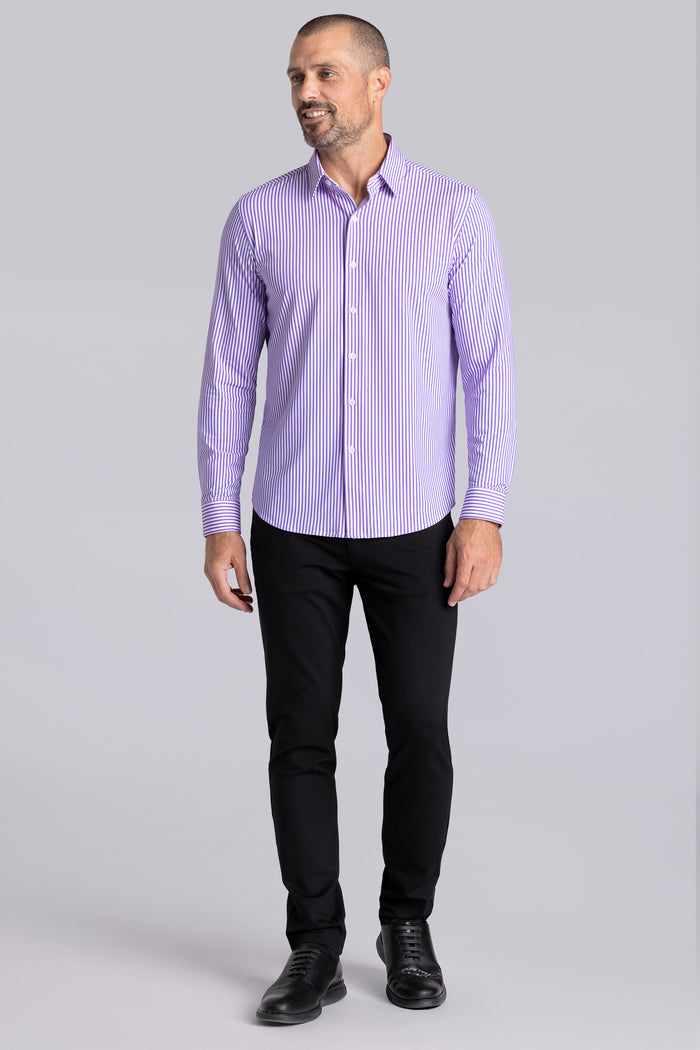 Model wearing the Crowd Pleaser White Purple long sleeve shirt, styled with black pants.