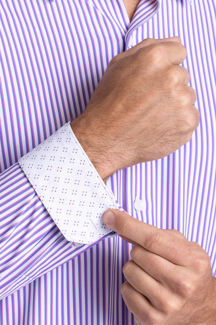 Model wearing the Crowd Pleaser White Purple long sleeve shirt, styled with black pants.