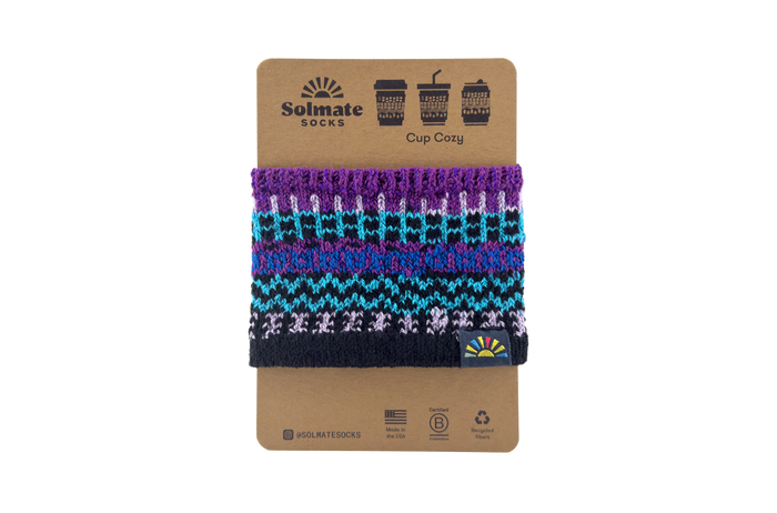 Solmate Socks knitted cup cozy in purple and blue pattern design