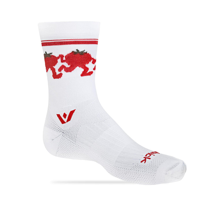 Opposite profile of a white Swiftwick Vision Mid-Crew sock showing the red dancing-tomato pattern around the cuff.