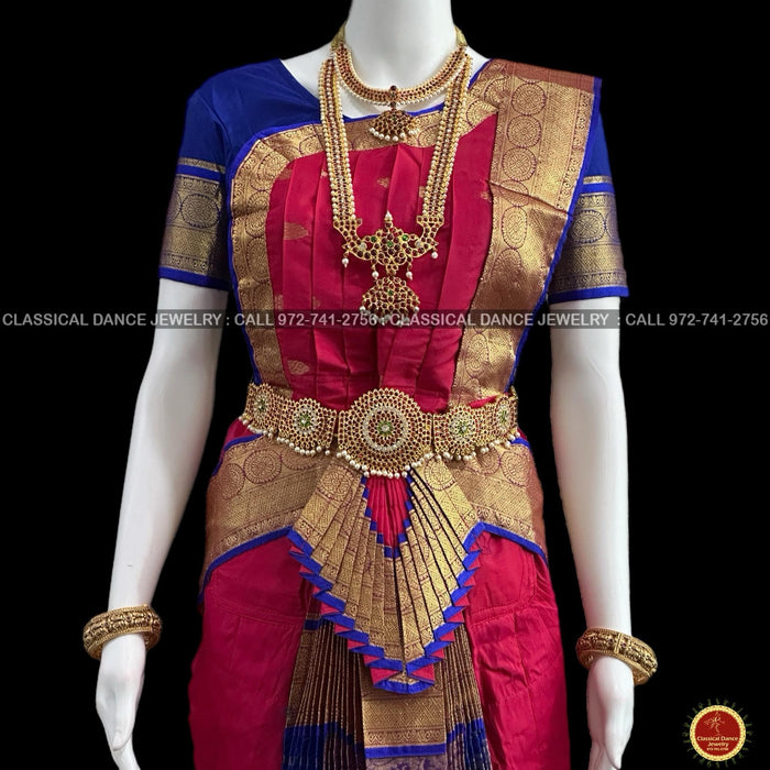 Classical Dance Jewelry DARK PINK Magenta Blue 36 inches Pant Length Bharatanatyam Gold Zari Dance Costume | Art silk Dharmavaram kanchi | Classical Dance Jewelry