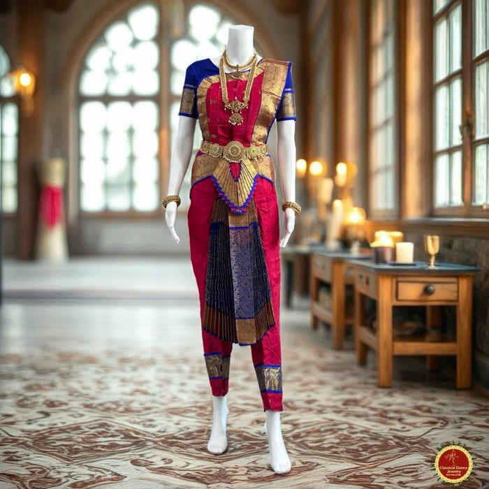 Classical Dance Jewelry DARK Pink MANGENTA BLUE 38 Inch Pant Length Bharatanatyam Dance Costume | Gold Zari | Art Silk, Dharmavaram Kanchi | Classical Dance Jewelry