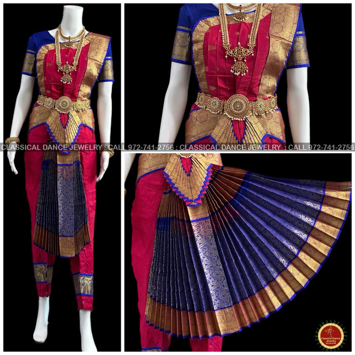 Classical Dance Jewelry DARK Pink MANGENTA BLUE 38 Inch Pant Length Bharatanatyam Dance Costume | Gold Zari | Art Silk, Dharmavaram Kanchi | Classical Dance Jewelry