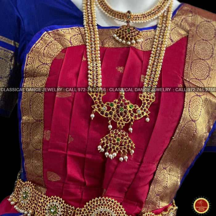Classical Dance Jewelry DARK Pink MANGENTA BLUE 38 Inch Pant Length Bharatanatyam Dance Costume | Gold Zari | Art Silk, Dharmavaram Kanchi | Classical Dance Jewelry