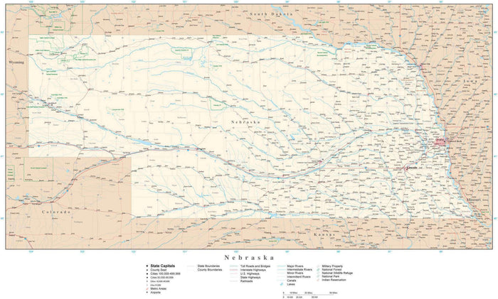 Detailed Nebraska Digital Map with County Boundaries, Cities, Highways, and more