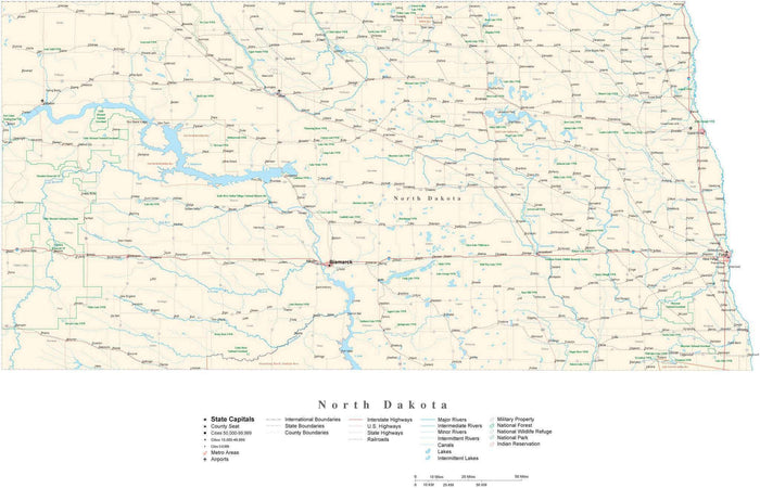 Detailed North Dakota Cut-Out Style Digital Map with County Boundaries, Cities, Highways, and more