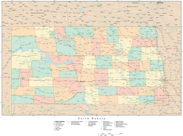 Detailed North Dakota Digital Map with Counties, Cities, Highways, Railroads, Airports, and more