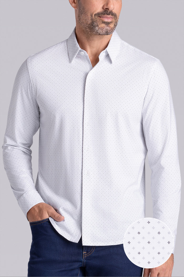 Model wearing the Dignity White long sleeve shirt, styled with black pants.
