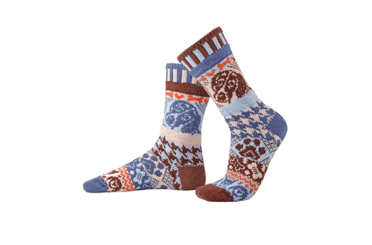 Dog Crew Socks displayed with paw prints and geometric knits