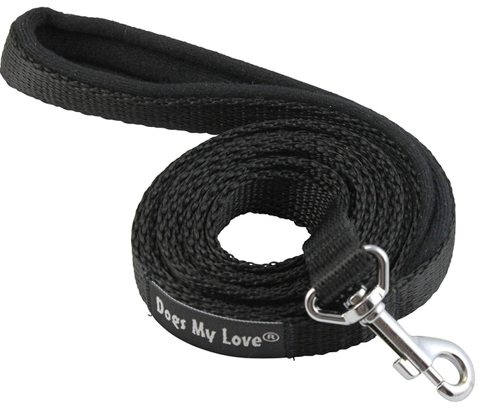 Dogs My Love 6ft Long Neoprene Padded Handle Nylon Leash 4 Sizes Black