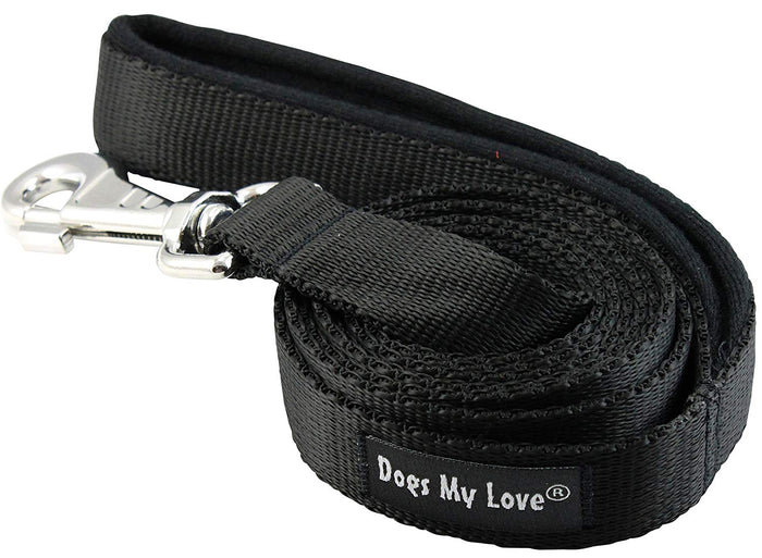 Dogs My Love 6ft Long Neoprene Padded Handle Nylon Leash 4 Sizes Black