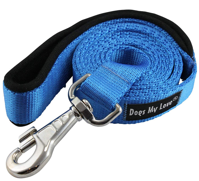 Dogs My Love 6ft Long Neoprene Padded Handle Nylon Leash 4 Sizes Blue