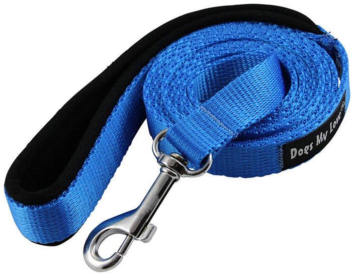 Dogs My Love 6ft Long Neoprene Padded Handle Nylon Leash 4 Sizes Blue