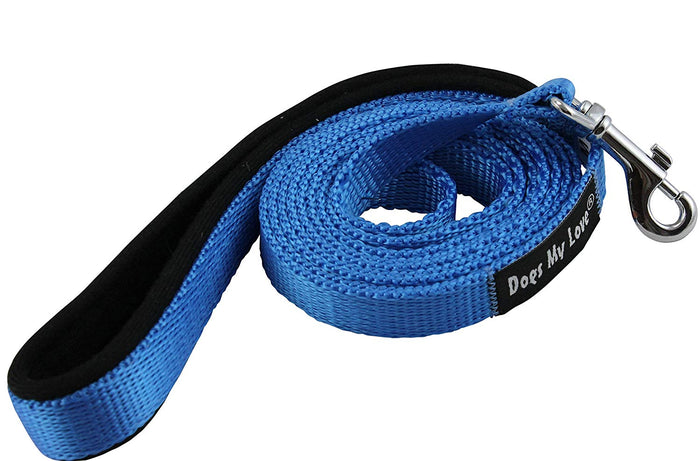 Dogs My Love 6ft Long Neoprene Padded Handle Nylon Leash 4 Sizes Blue