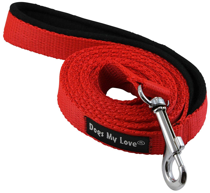 Dogs My Love 6ft Long Neoprene Padded Handle Nylon Leash 4 Sizes Red
