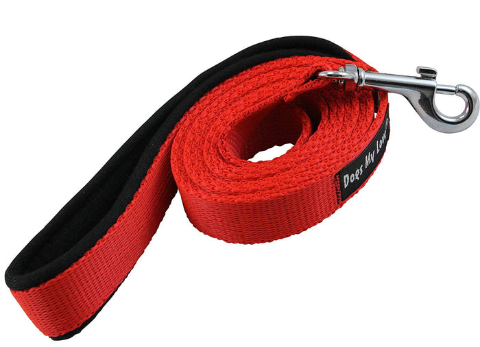 Dogs My Love 6ft Long Neoprene Padded Handle Nylon Leash 4 Sizes Red