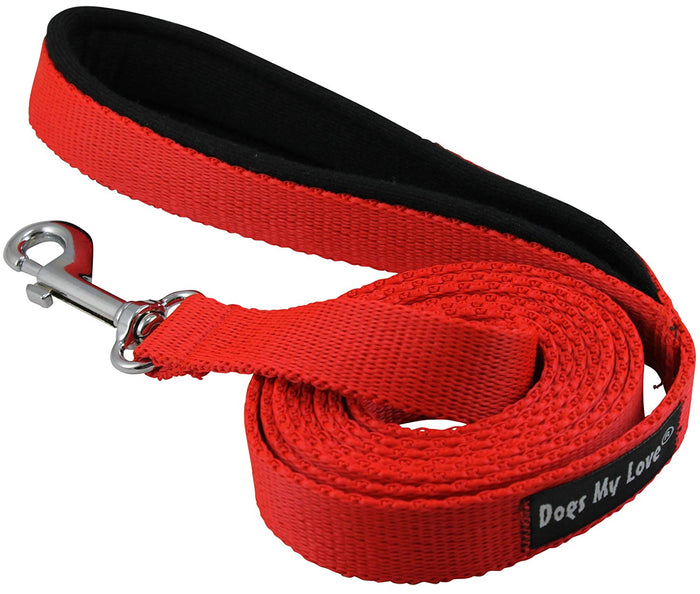 Dogs My Love 6ft Long Neoprene Padded Handle Nylon Leash 4 Sizes Red