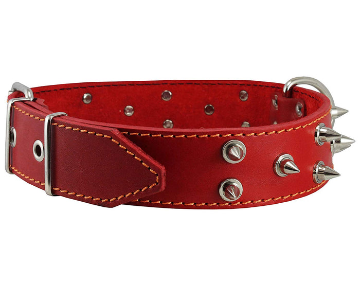 Dogs My Love Real Leather Red Spiked Dog Collar Spikes, 1.6" Wide. Fits 19"-23" Neck, Large Breeds