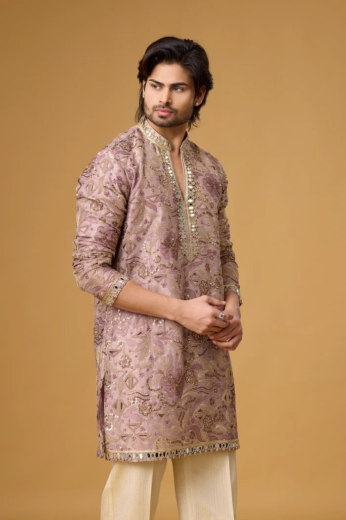 Dusty Rose Ornamental Kurta Pajama Set for Men – Front View | Mahavir NX