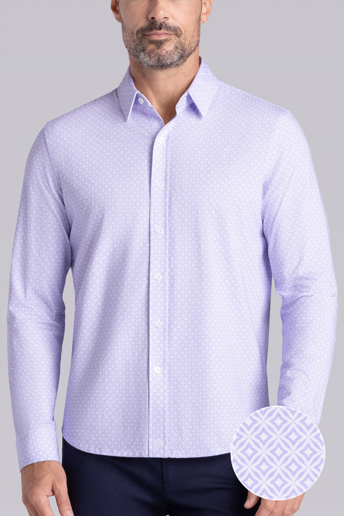 Model wearing Echo Light Purple long sleeve tonal geometric print shirt, styled with black pants.