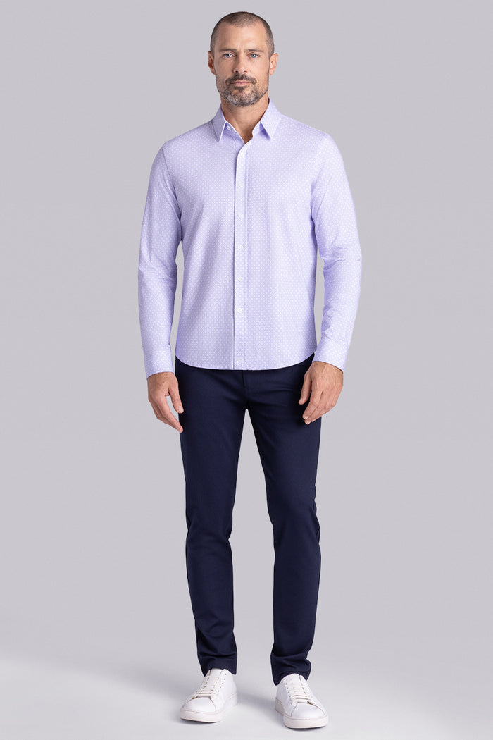 Model wearing Echo Light Purple long sleeve tonal geometric print shirt, styled with black pants.