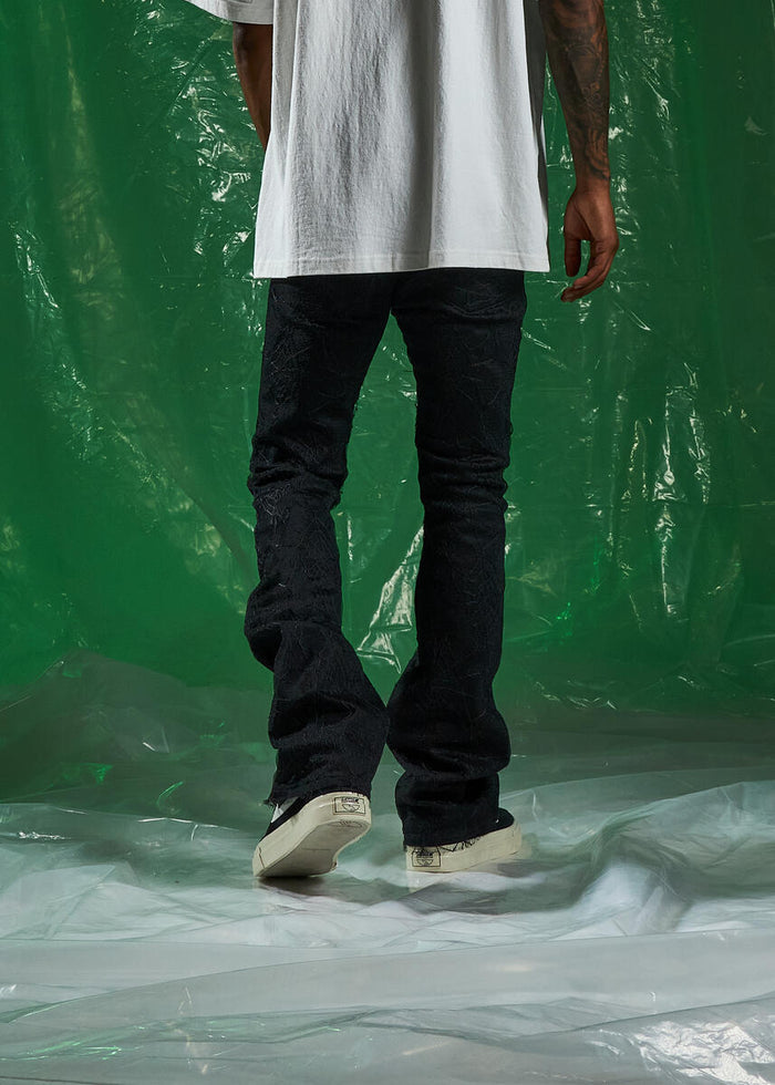 EMBSPR224-043 Black Denim Jeans with Unique Spider Flare Hem