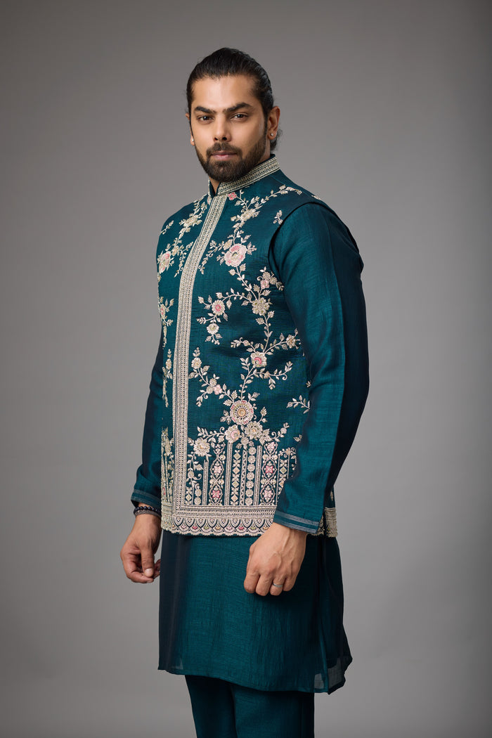 Emerald Teal floral embroidered jacket