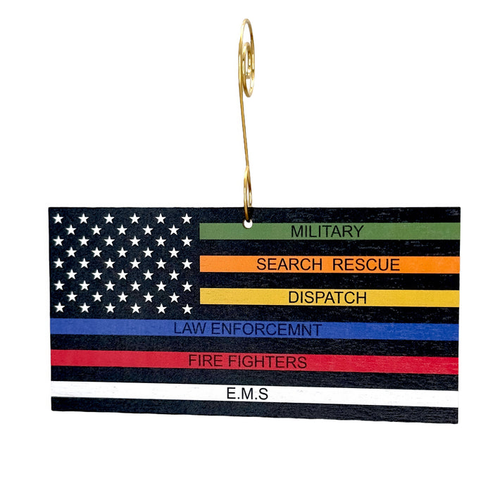 Emergency responders thin line flag ornament in laser-cut wood, made in USA