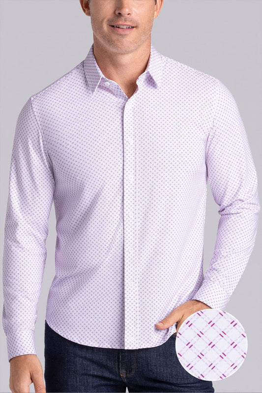 Model wearing Empower Light Pink long sleeve dress shirt, styled black pants.