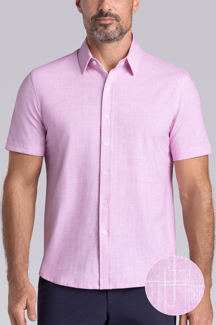 Model wearing Encore Light Pink short sleeve classic collar shirt, style with black shorts