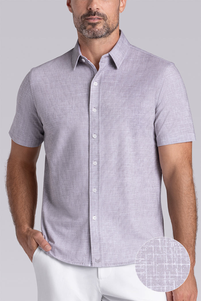 Model wearing Encore Taupe short sleeve classic collar shirt, style with white shorts
