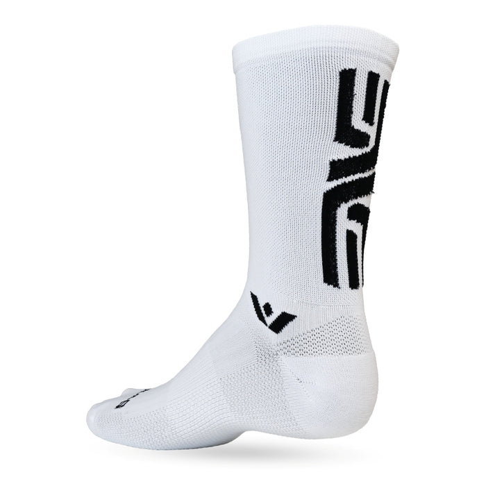 White crew athletic sock with black vertical ENVE logo