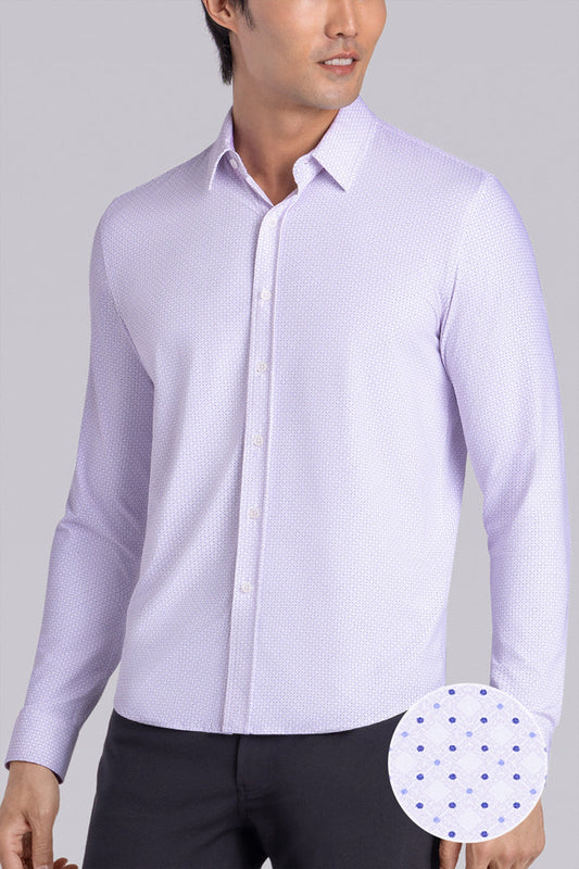 Model wearing the Ethereal Lilac long sleeve dress shirt, styled with fitted black dress slacks.
