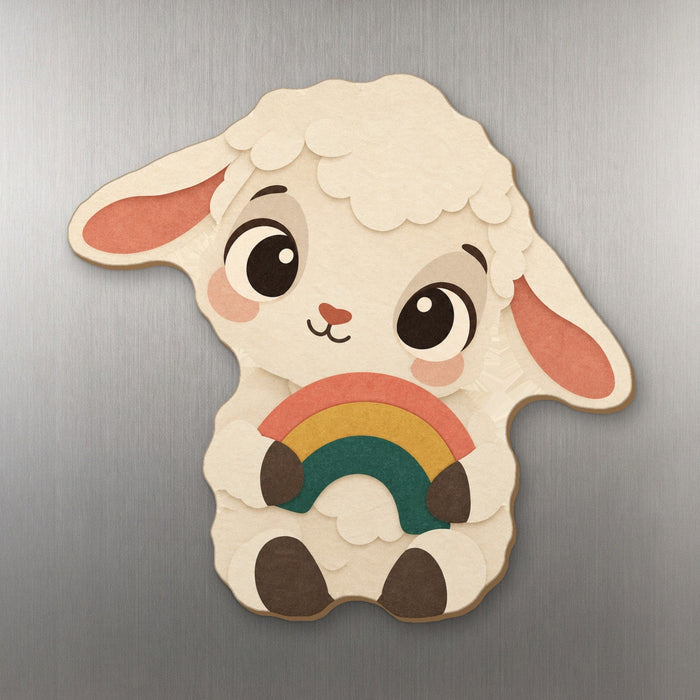 Ewe're My Rainbow wood magnet M353 on a stainless steel fridge, made in USA