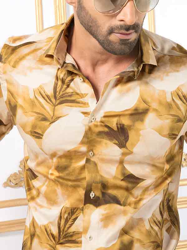 Fabio Ochre Printed Full Sleeve Single Cuff Slim Fit Party Wear Blended Shirt