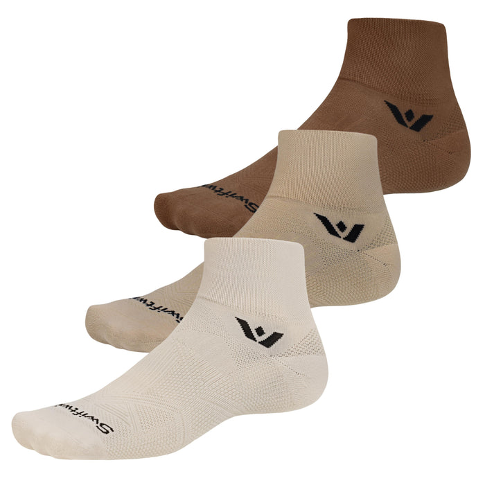 Swiftwick Vision Quarter Crew Field Study 3 pack showing brown tan and cream hand dyed socks