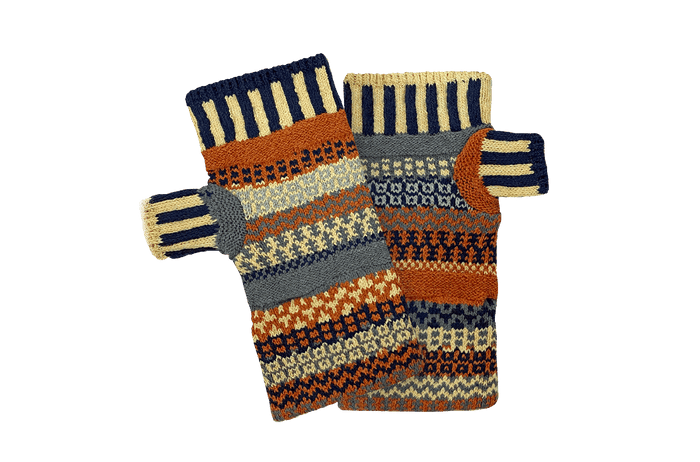 Colourful patterned adult fingerless mittens in cosy knitted design